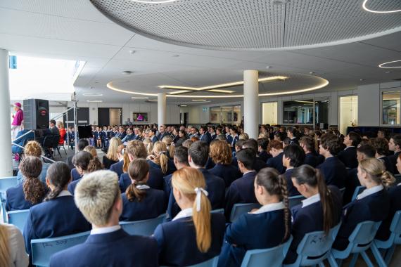 Students at St Pat in the official blessing assembly for their new building.